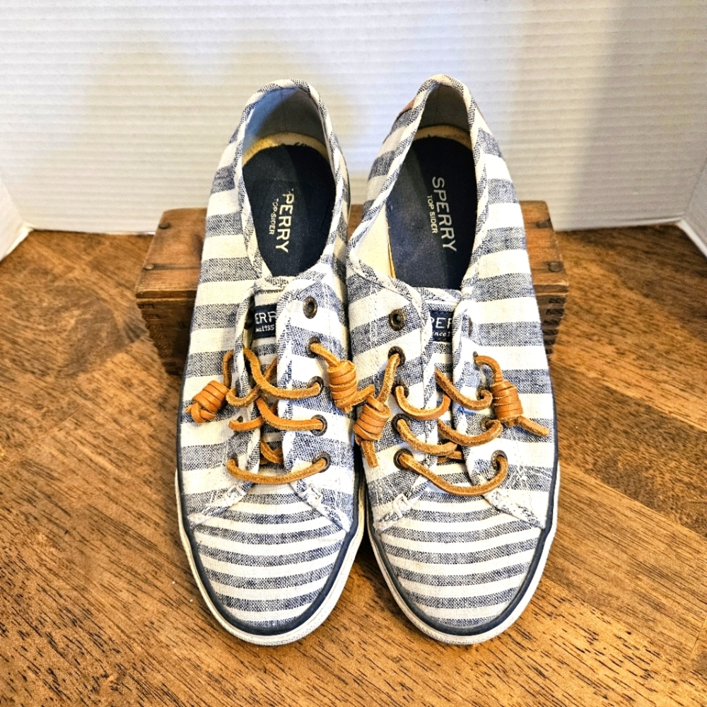 Sperry Sz 7 Striped Canvas Sneakers Sock Shoes Slip On